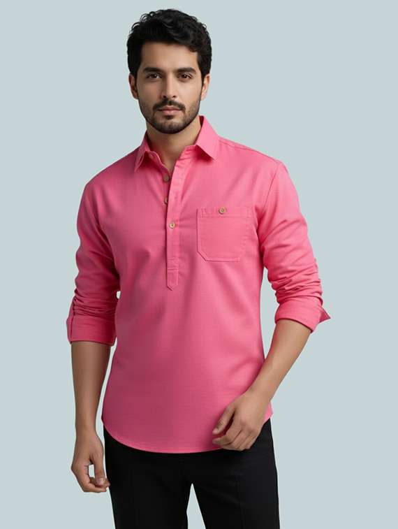 men solid long sleeve short kurta