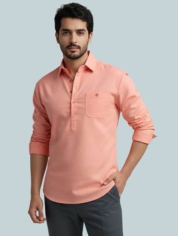 men solid long sleeve short kurta