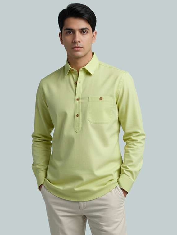 men solid long sleeve short kurta