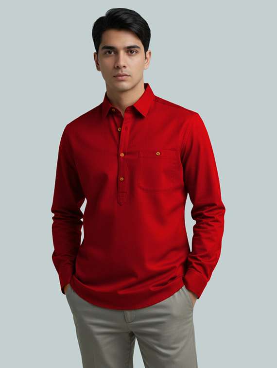 men solid long sleeve short kurta