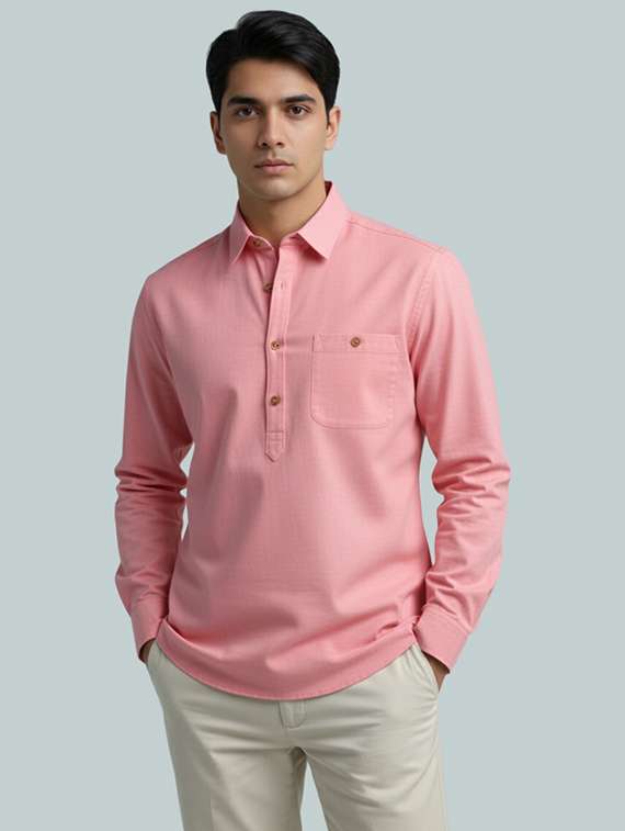 men solid long sleeve short kurta