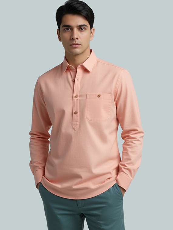 men solid long sleeve short kurta