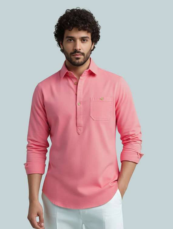 men solid long sleeve short kurta