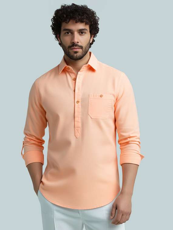 men solid long sleeve short kurta