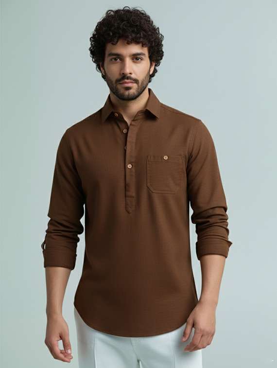 men solid long sleeve short kurta
