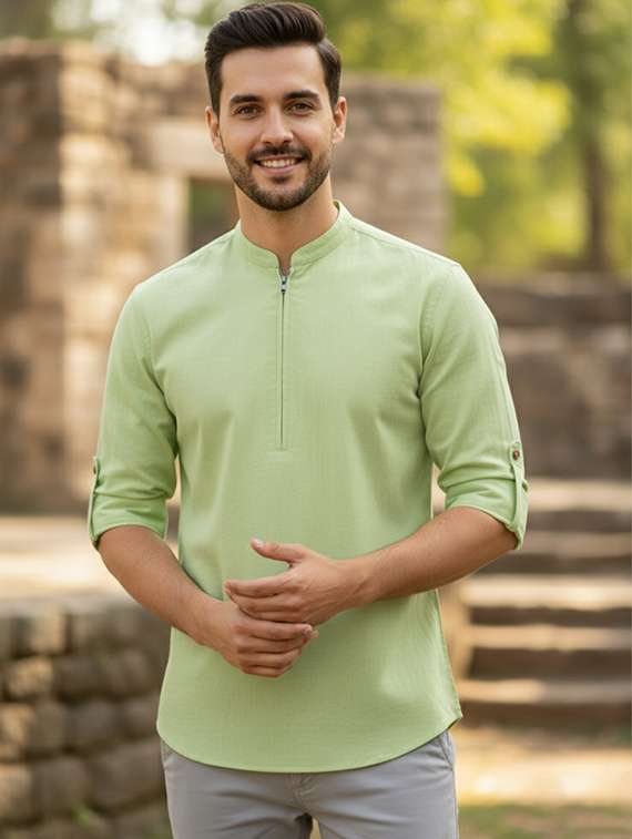 men solid long sleeve short kurta