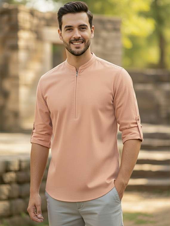 men solid long sleeve short kurta