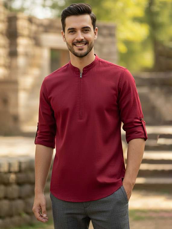 men solid long sleeve short kurta