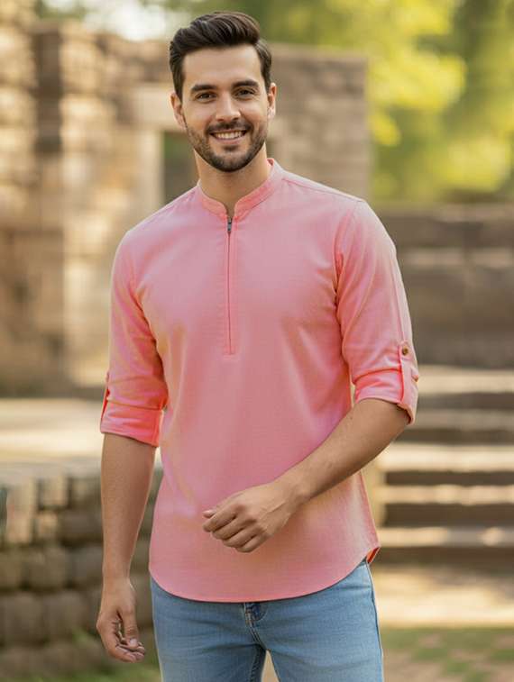 men solid mandarin neck short kurta