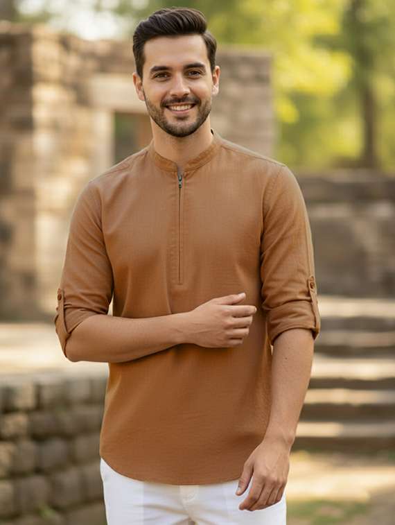 men solid mandarin neck short kurta