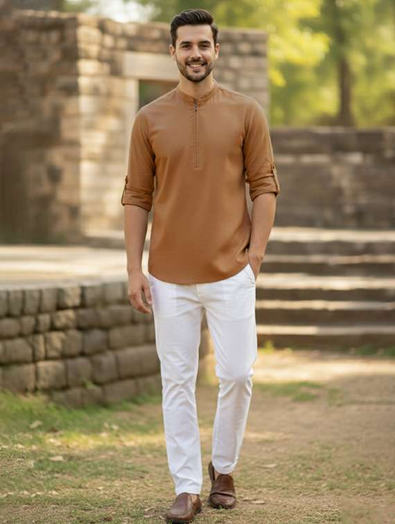 men solid mandarin neck short kurta - 22326336 -  Standard Image - 3