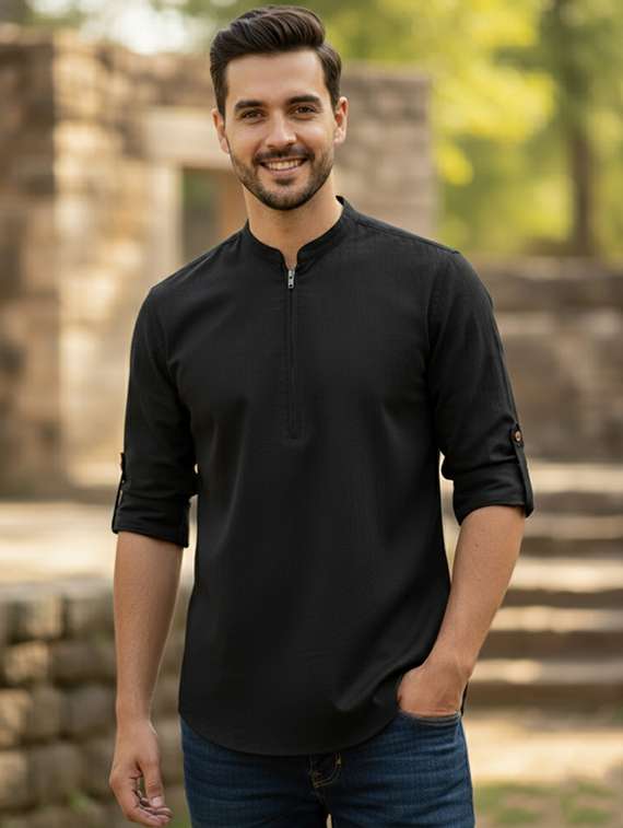 men solid mandarin neck short kurta