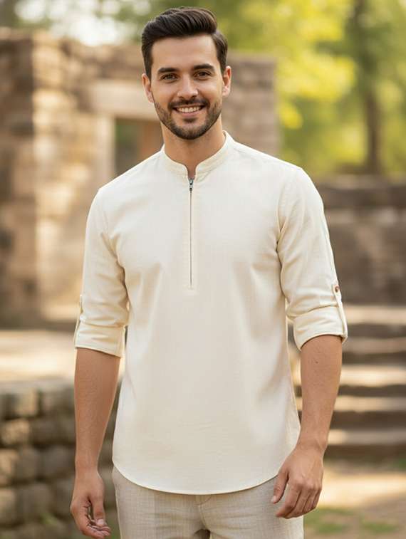 men solid mandarin neck short kurta