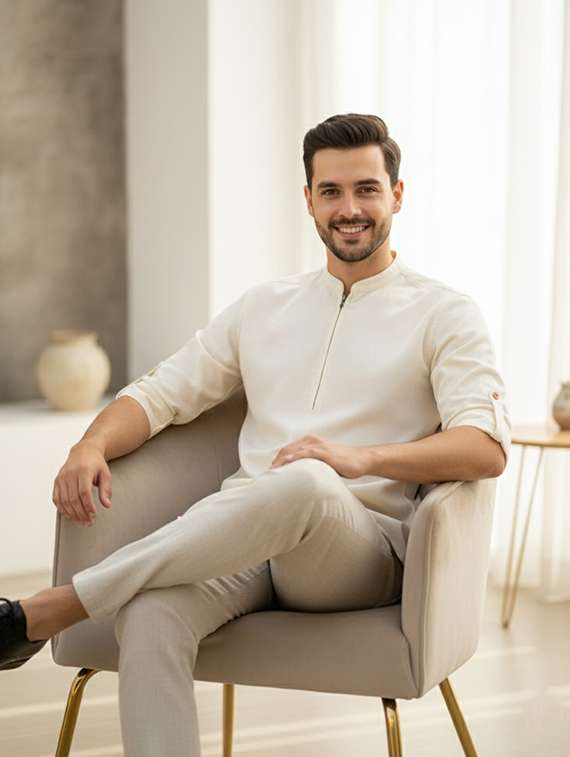 men solid mandarin neck short kurta - 22326338 -  Standard Image - 3