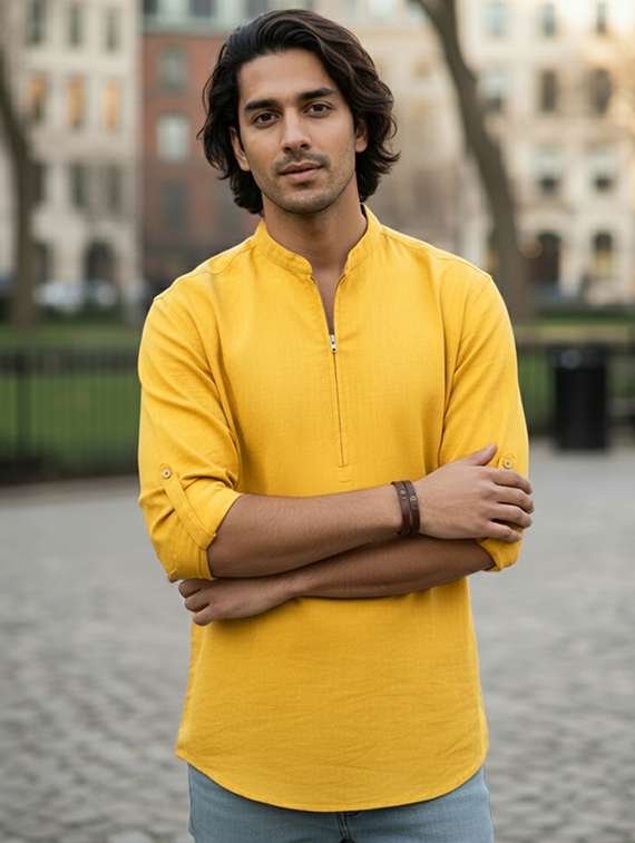 men solid mandarin neck short kurta