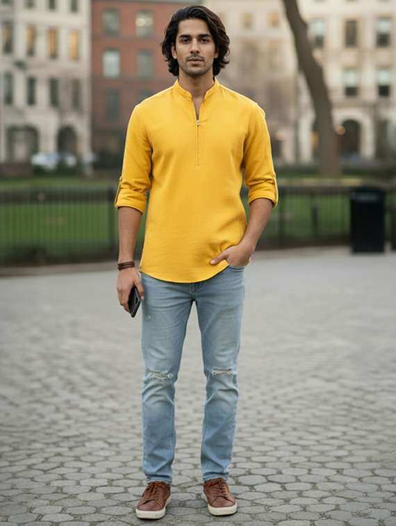 men solid mandarin neck short kurta - 22326339 -  Standard Image - 3