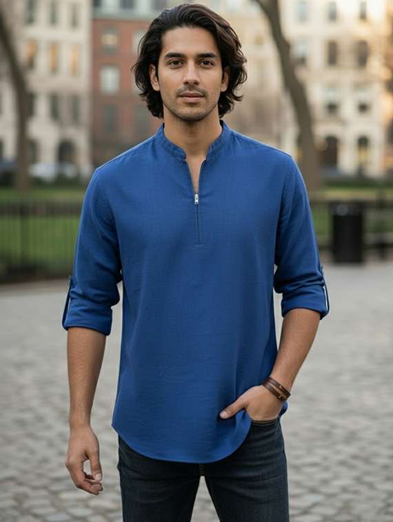 men solid mandarin neck short kurta