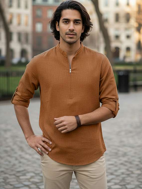 men solid mandarin neck short kurta