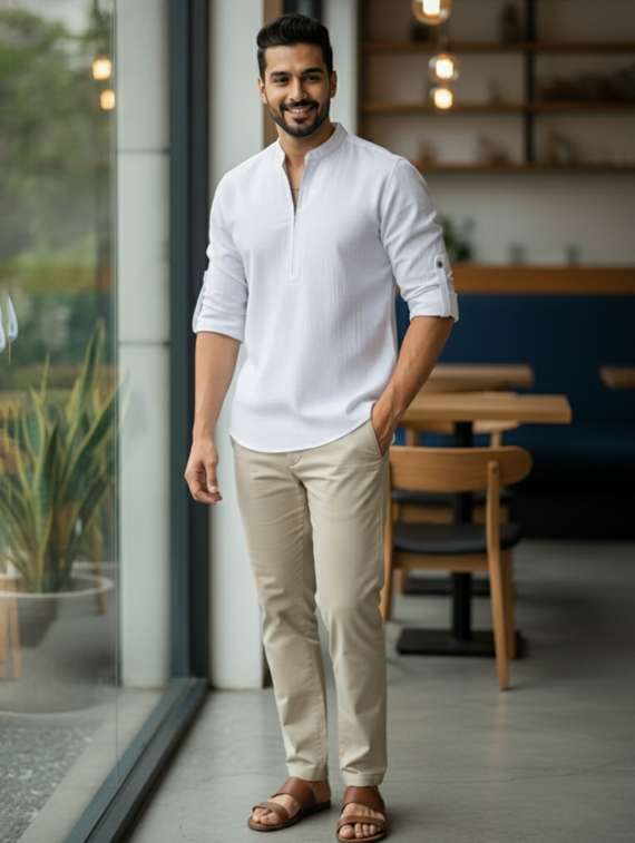 men solid mandarin neck short kurta - 22326360 -  Standard Image - 3