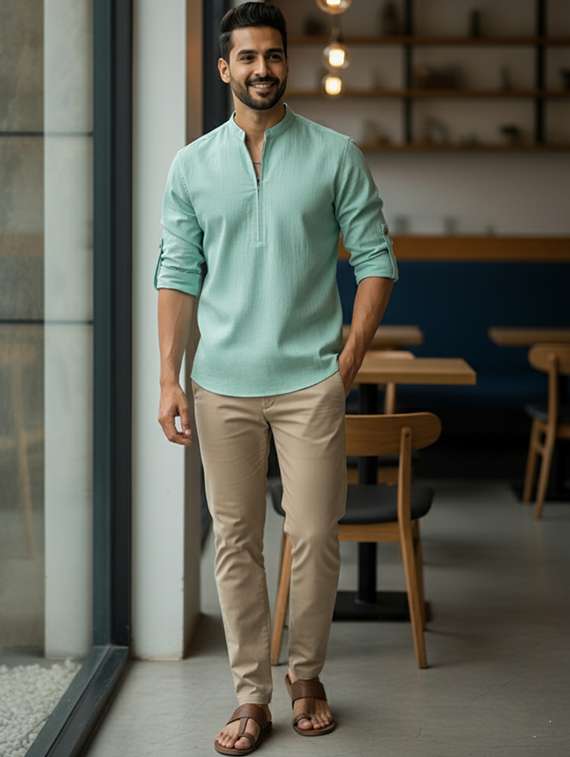 men solid mandarin neck short kurta - 22326364 -  Standard Image - 3