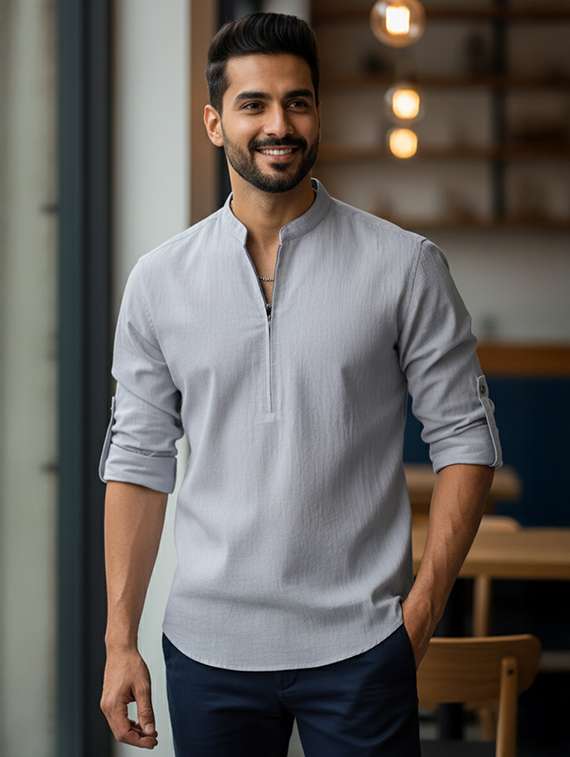 men solid mandarin neck short kurta