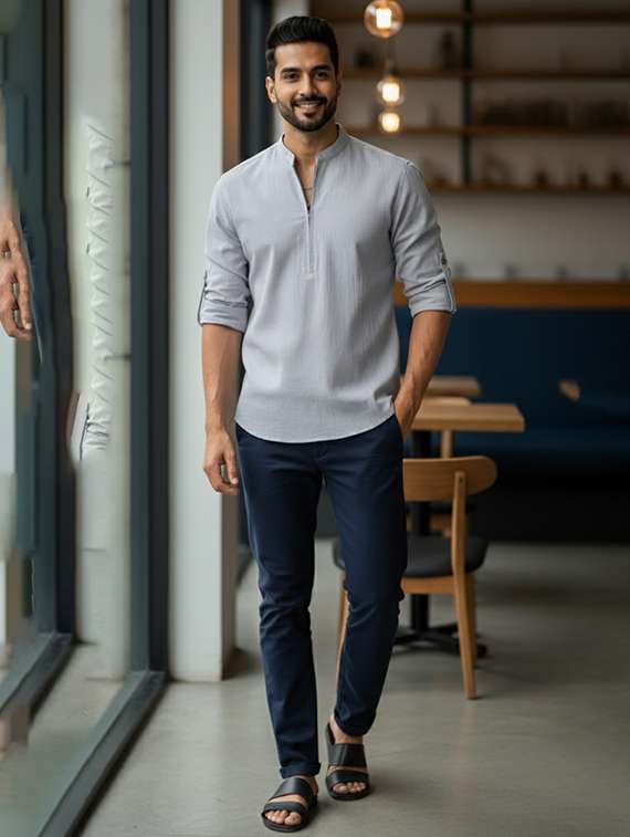 men solid mandarin neck short kurta - 22326373 -  Standard Image - 3