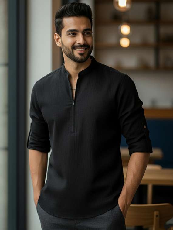 men solid mandarin neck short kurta