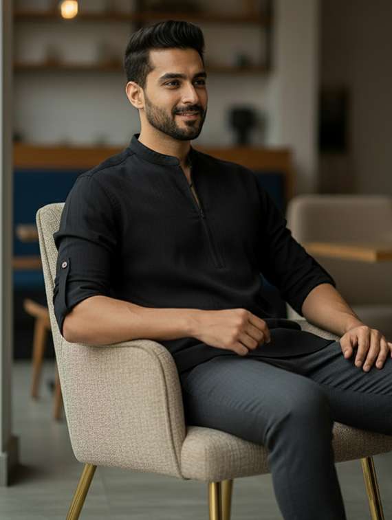 men solid mandarin neck short kurta - 22326377 -  Standard Image - 3