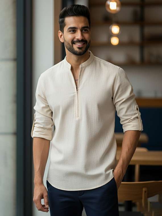 men solid mandarin neck short kurta