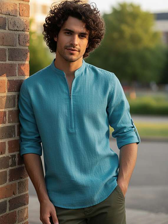 men solid mandarin neck short kurta