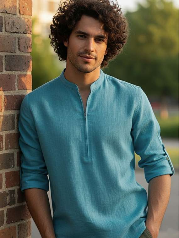 men solid mandarin neck short kurta - 22326381 -  Standard Image - 3