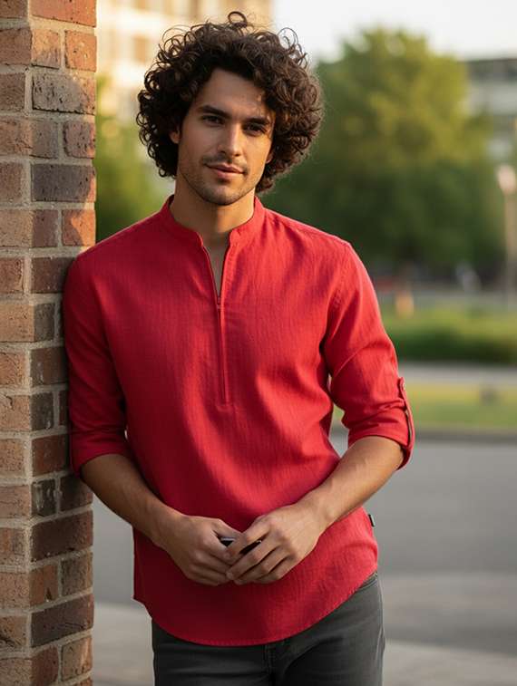 men solid mandarin neck short kurta