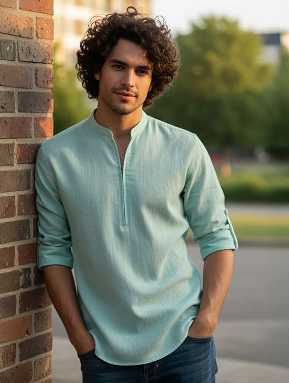 men solid mandarin neck short kurta