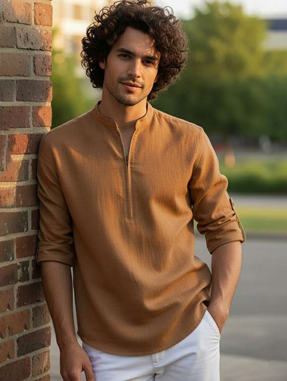 men solid mandarin neck short kurta