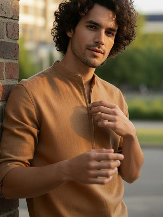 men solid mandarin neck short kurta - 22326396 -  Standard Image - 3