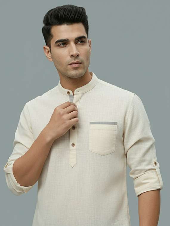 men solid mandarin neck short kurta - 22326463 -  Standard Image - 3