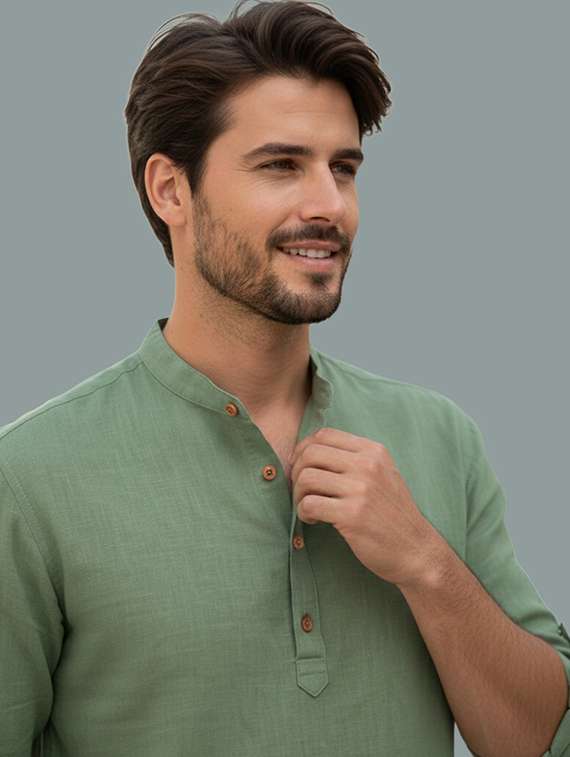 men solid mandarin neck short kurta - 22326478 -  Standard Image - 3