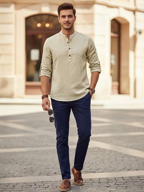 men solid mandarin neck short kurta - 22326482 -  Standard Image - 3