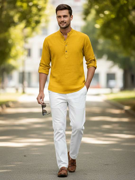 men solid mandarin neck short kurta - 22326488 -  Standard Image - 3