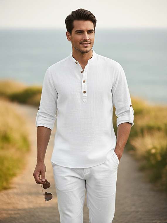 men solid mandarin neck short kurta