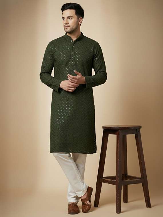 men solid with work mandarin neck long kurta - 22326499 -  Standard Image - 3