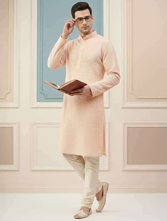 men solid with work mandarin neck long kurta