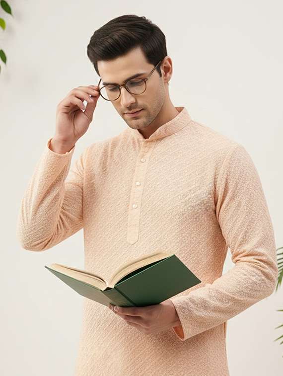 Men Solid With Work Mandarin Neck Long Kurta - 22326505 -  Standard Image - 3