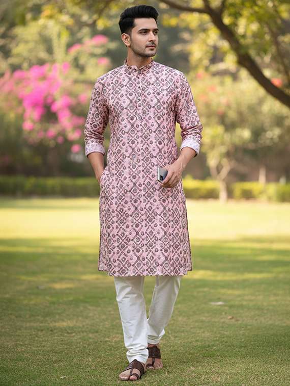 men printed mandarin neck long kurta