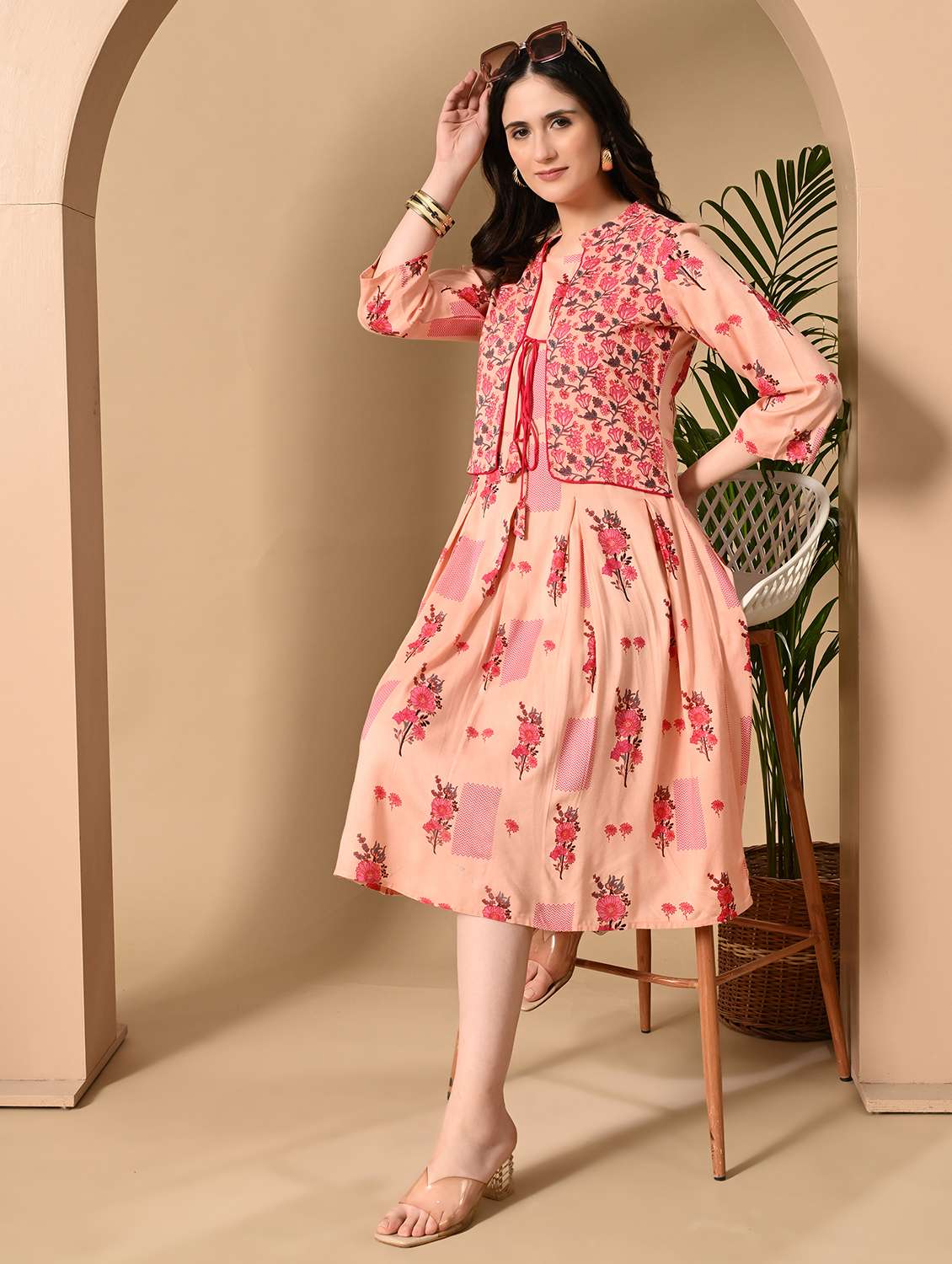 women floral printed three quarter sleeve ethnic dress