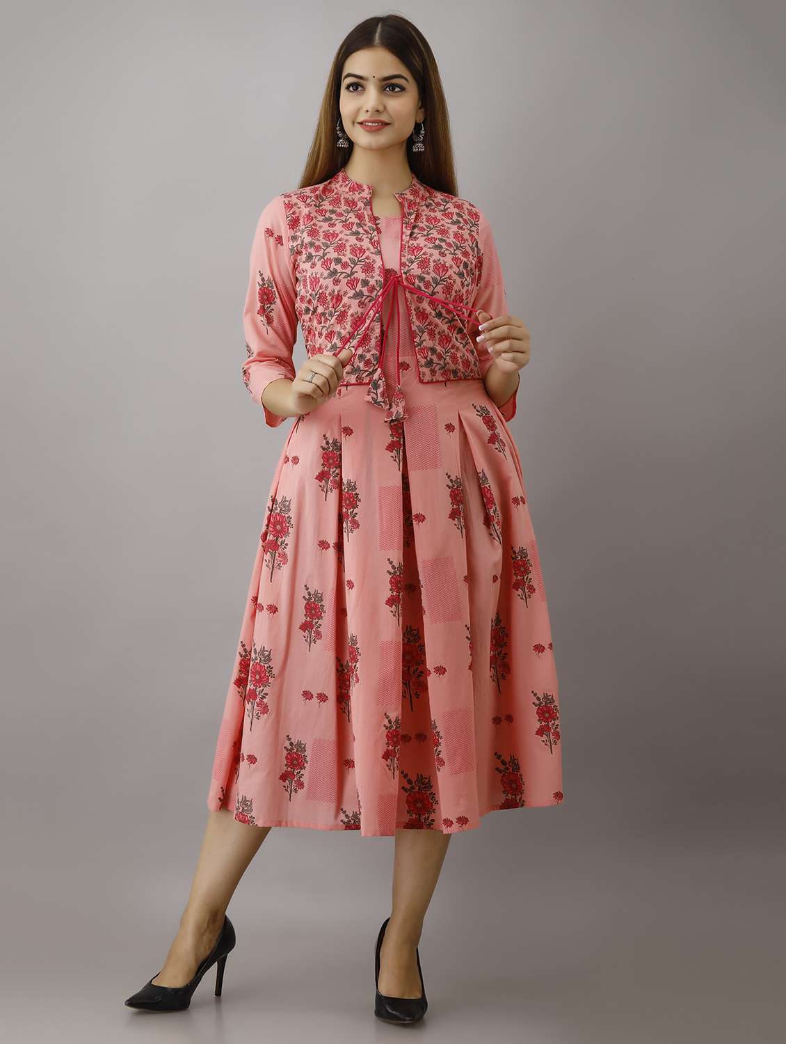 women floral printed three quarter sleeve ethnic dress