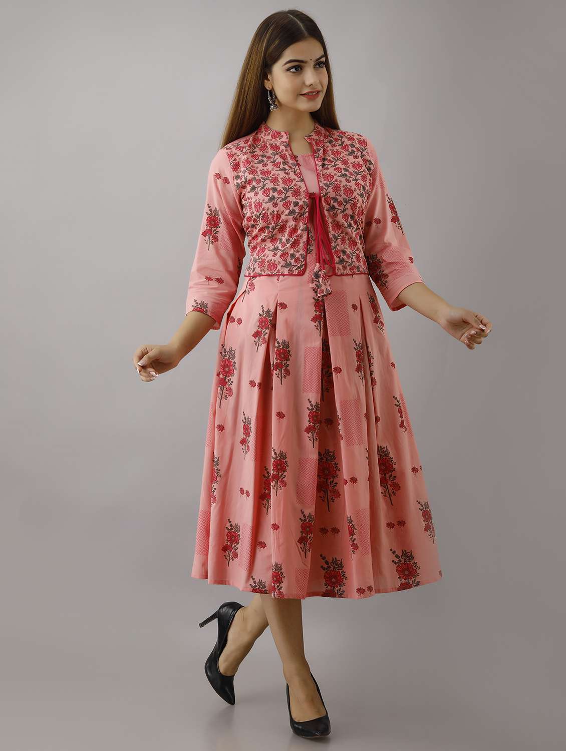 women floral printed three quarter sleeve ethnic dress - 22326543 -  Standard Image - 3