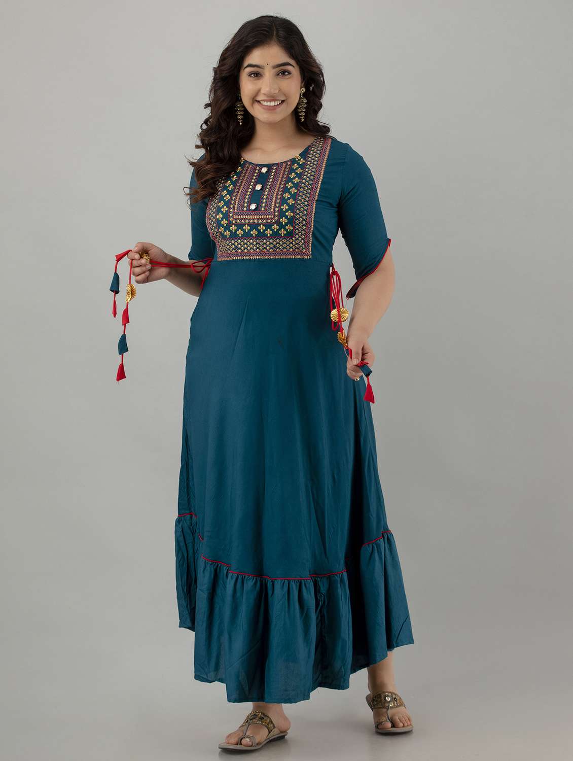 women solid with work short sleeve ethnic dress - 22326544 -  Standard Image - 3