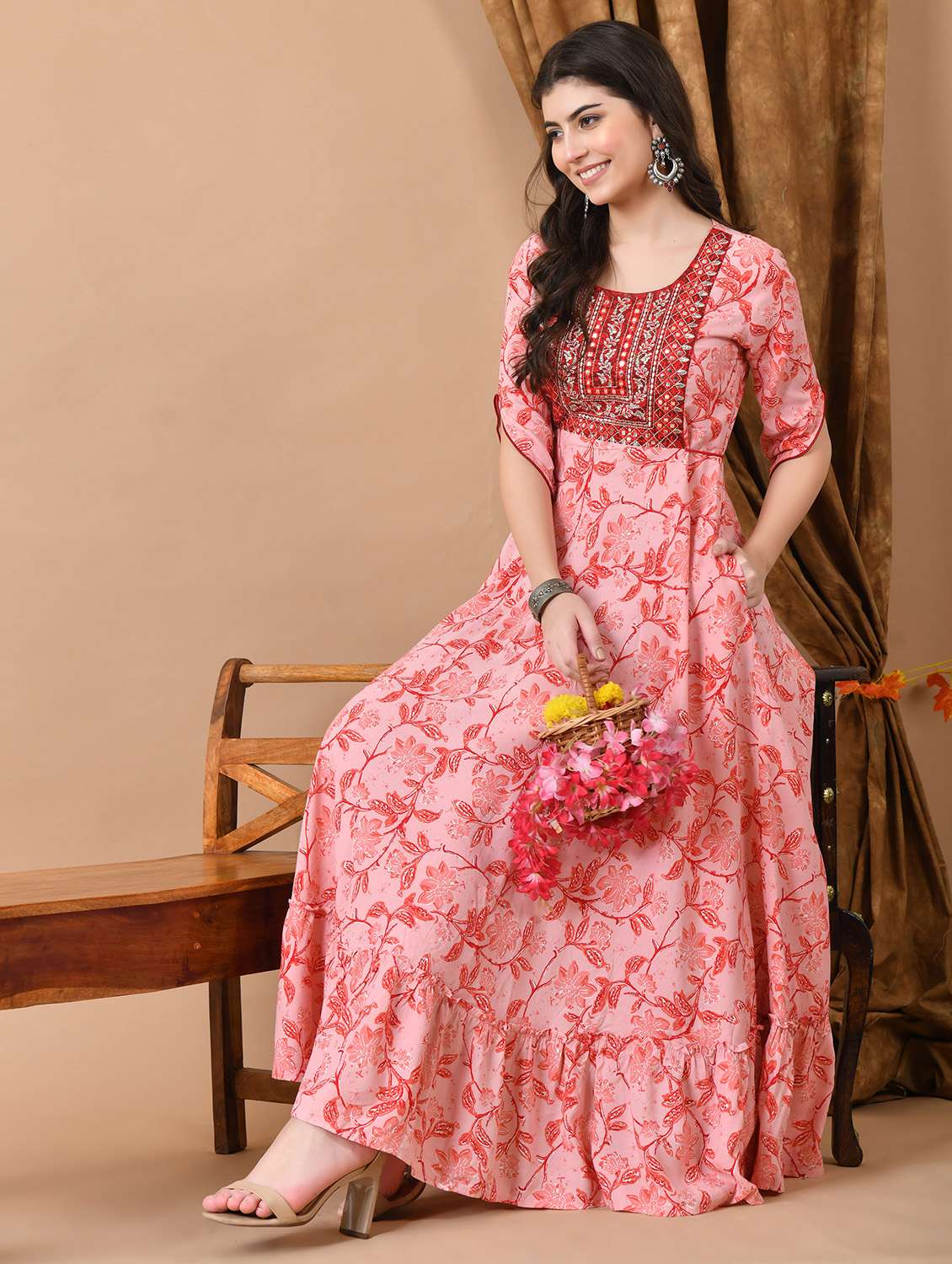 women floral printed three quarter sleeve ethnic dress