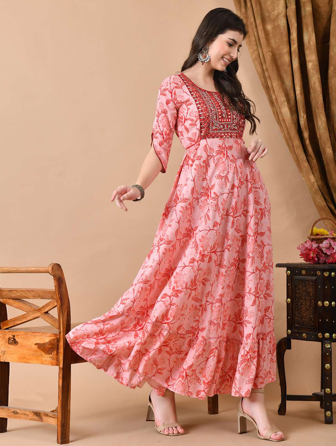 women floral printed three quarter sleeve ethnic dress - 22326547 -  Standard Image - 3